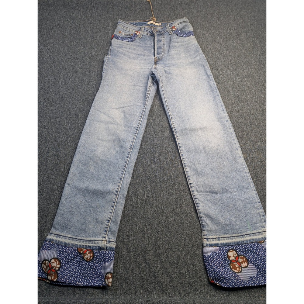 Levis Ribcage Straight Jeans Womens 26 Light Wash Patterned Trim Button Fly Deni